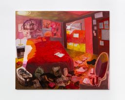 painting of a messy bedroom bathed in red light